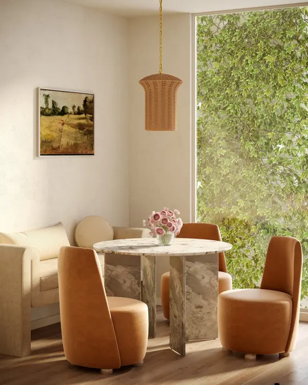 The Kai pendant combines organic rattan texture with brushed gold accents for a warm, statement-making fixture. Its 11-inch size makes it perfect for intimate spaces or clustered installations over kitchen islands. - alternate view
