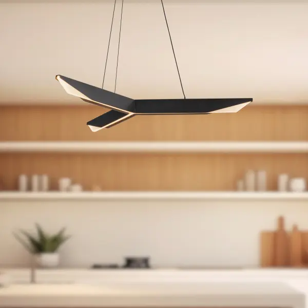 The Tachi pendant brings geometric elegance inspired by Japanese blade design to contemporary spaces. Its 31-inch scale makes a bold statement while integrated LED with light guide technology ensures even, glare-free illumination through frosted acrylic diffusers. - alternate view