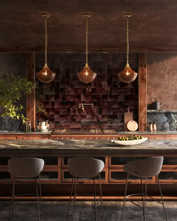 The Farrah pendant brings Moroccan swag chandelier charm to modern spaces with its unique ribbed opal glass and brushed gold finish. Versatile and adaptable, it works beautifully as a single statement piece or in multiples. - alternate view