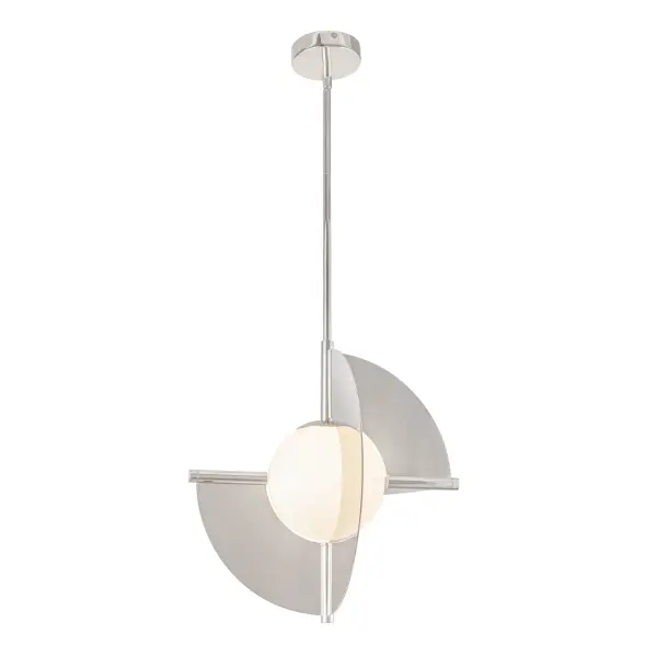 The Scorpio pendant captivates with its striking infinite-loop geometric design, combining reflective polished nickel with warm opal glass. Integrated LED technology provides energy-efficient illumination with a warm 3000K glow.