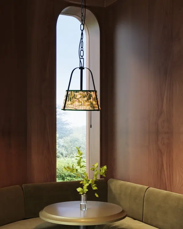 The Scout Pendant combines traditional pleated linen craftsmanship with contemporary design sensibility. Its 13-inch blue linen shade features whimsical patterns while matte black metalwork adds modern edge, creating a statement piece perfect for eclectic interiors. - alternate view