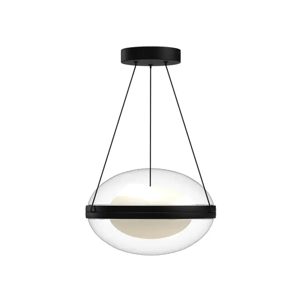 The Virgo pendant captivates with its spacecraft-inspired silhouette, featuring curved clear glass that beautifully showcases a frosted opal diffuser. Integrated LED with warm 3000K lighting creates inviting ambiance in modern spaces.