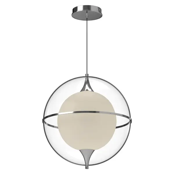 The Aries pendant features a unique gyroscope-like sphere design with frosted glass accents and integrated LED lighting. Its adjustable length up to 120" and customizable sphere positioning make it a versatile statement piece. - alternate view