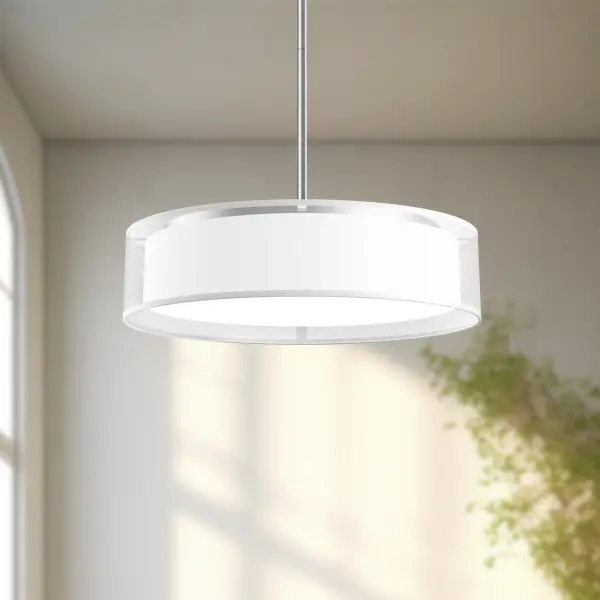 The Dalton pendant combines hand-tailored organza fabric with modern LED technology, offering five selectable color temperatures. Its soft diffused light and elegant drum silhouette bring refined sophistication to any space. - alternate view