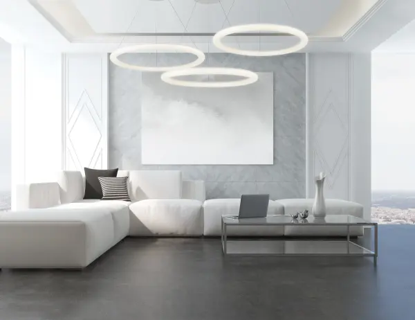 The Cumulus Minor delivers a bold architectural statement with its 32-inch illuminated ring design. The seamless polymeric construction creates a floating halo effect with uniform LED light distribution, perfect for contemporary spaces. - alternate view