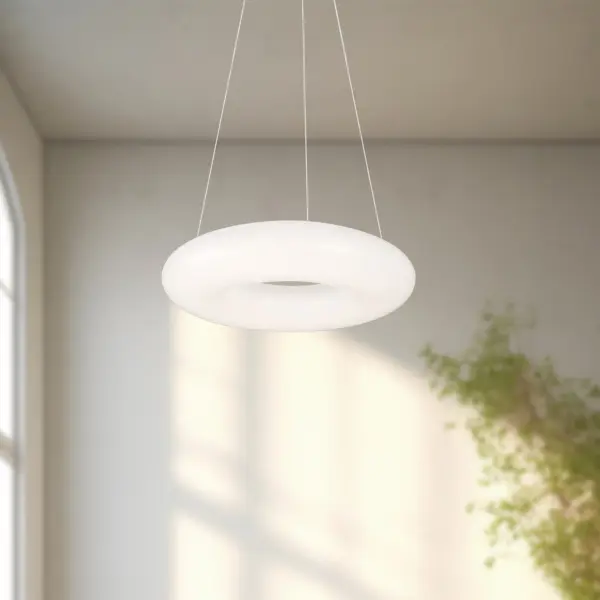 The Cumulus pendant delivers a radiant ring of warm white LED light in a clean, contemporary design. Its 12-inch diameter makes it ideal for kitchen islands, dining nooks, or bedroom accents. Dimmable and sloped ceiling compatible. - alternate view