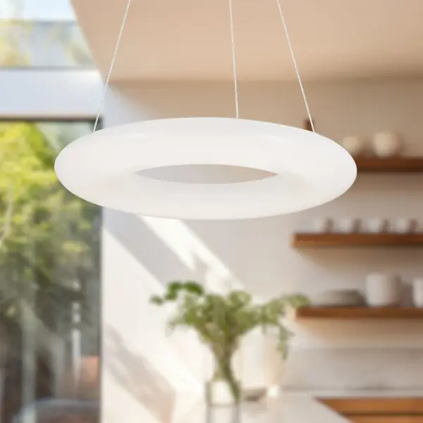The Cumulus pendant delivers a striking torus of bright, even LED illumination in a substantial 30-inch diameter. Its clean white finish and geometric form create a contemporary focal point perfect for modern kitchens and dining spaces. - alternate view