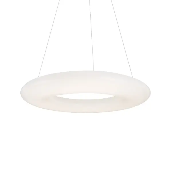 The Cumulus 36-inch pendant delivers a striking torus of bright, even LED illumination perfect for contemporary spaces. Its substantial size and clean design make it ideal for dining rooms and kitchen islands seeking modern sophistication.