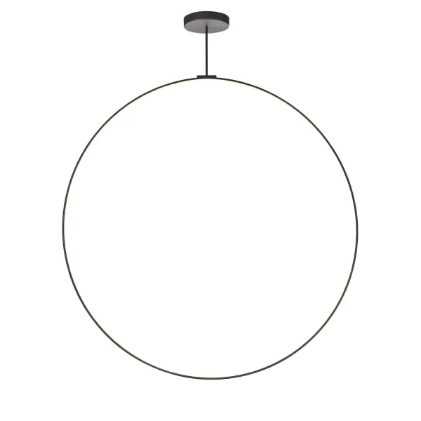 The Cirque 72-inch pendant makes a bold architectural statement with its oversized circular aluminum ring and flexible diffuser. Integrated 3000K LED provides warm ambient lighting both up and down, perfect for large dining spaces and open-concept areas.