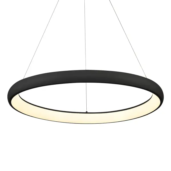 The Cortana 32-inch pendant features a curved aluminum band encircling an illuminated LED ring, creating a dramatic focal point. Its integrated 3000K warm white LED provides uniform radiance through a polymeric diffuser, perfect for contemporary spaces.