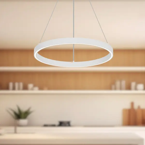 The Cerchio 18" pendant features extruded aluminum construction with a rectangular profile and integrated LED lighting. Its minimalist circular design and matte black finish make it ideal for contemporary spaces. - alternate view