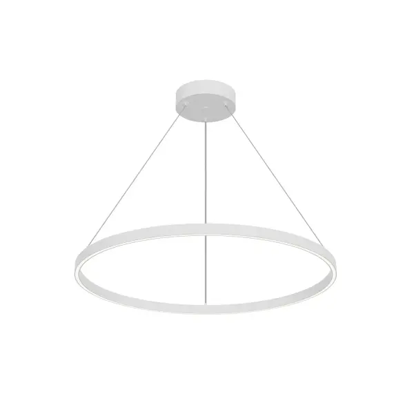 The Cerchio 32-inch pendant combines clean geometric design with functional up/down lighting. Its extruded aluminum construction and matte white finish create a sophisticated modern aesthetic perfect for contemporary spaces.