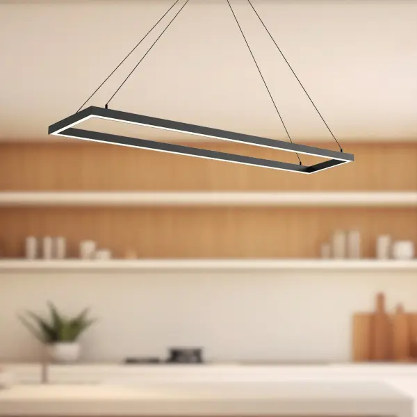 The Piazza 48-inch pendant combines minimalist aluminum construction with integrated LED technology, delivering clean lines and efficient lighting. Perfect for modern kitchens and dining spaces seeking contemporary elegance. - alternate view