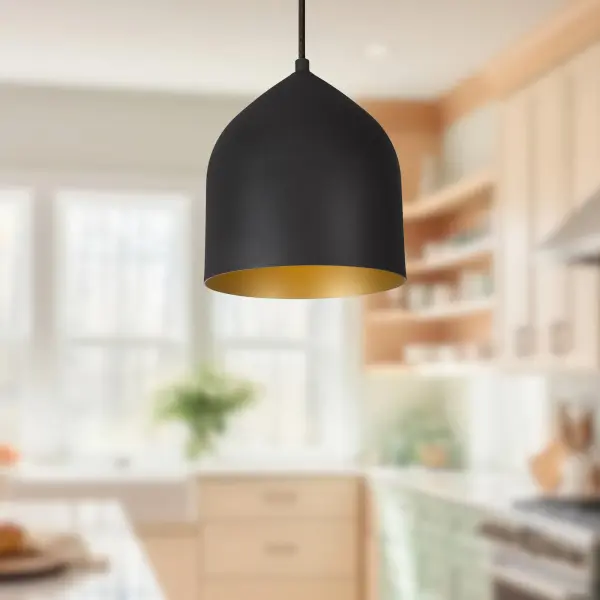 The Helena combines modern sophistication with versatile design through its black and gold finish and integrated warm LED. The 8-inch spun metal shade with customizable interior creates effortless elegance, perfect for solo or clustered installations. - alternate view