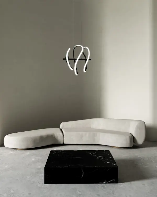 The Collide pendant transforms lighting into art with curved LED strips and frosted diffusers colliding with powder-coated black aluminum. This 16-inch statement piece delivers warm 3000K illumination while serving as a sculptural focal point. - alternate view