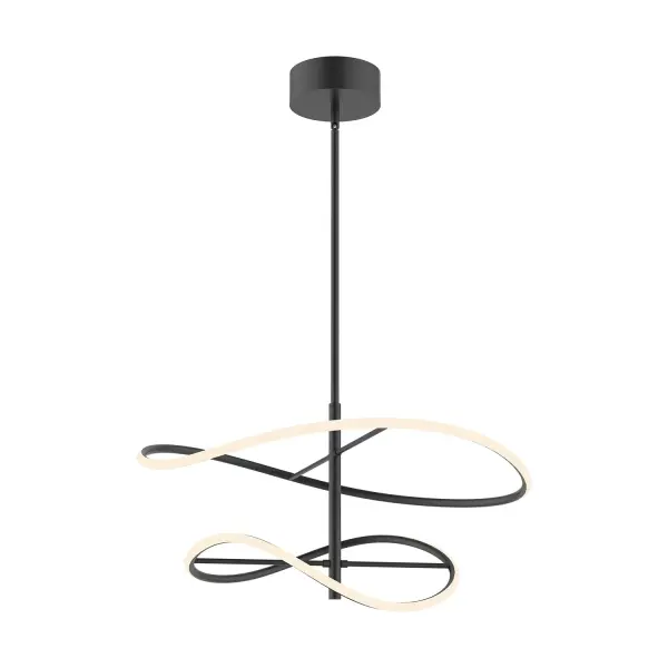The Collide pendant transforms lighting into art with curved LED strips and frosted diffusers colliding with powder-coated black aluminum. This 24-inch statement piece delivers warm 3000K illumination with integrated dimmable LED technology.