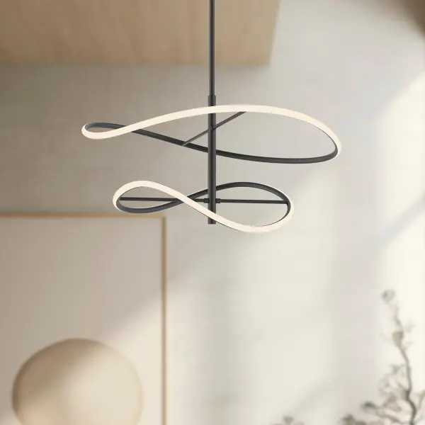 The Collide pendant transforms lighting into art with curved LED strips and frosted diffusers colliding with powder-coated black aluminum. This 24-inch statement piece delivers warm 3000K illumination with integrated dimmable LED technology. - alternate view