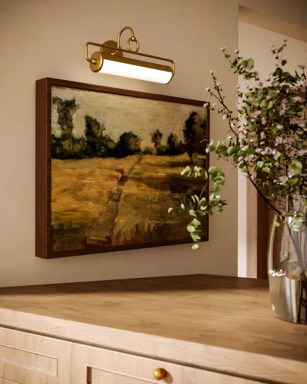 The Ellen picture light combines antique charm with modern LED efficiency. Its 21-inch span and warm 3000K lighting make it ideal for highlighting artwork and photos throughout your home. Dimmable and easy to install. - alternate view