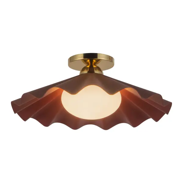 The Furrow Semi-Flush Mount by Jason Koharik transforms the beauty of the world's largest clam into a stunning lighting sculpture. Featuring ruffled metal shells in brushed gold with opal glass diffusers, this piece delivers warm ambient light with artistic sophistication. - alternate view