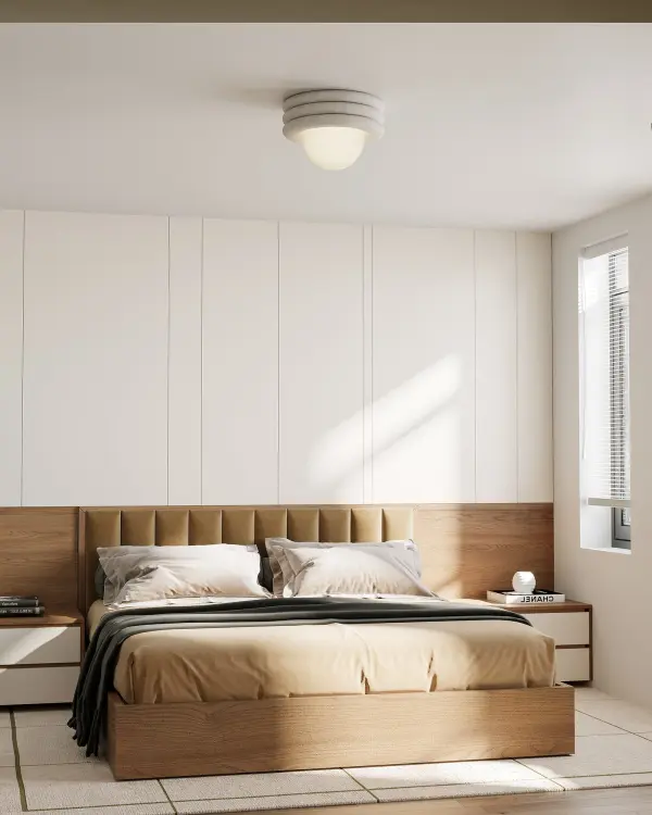 The Harvey semi-flush mount combines clean minimalist aesthetics with artistic curved metal rings encircling a natural oval diffuser. Its bold yet simple design makes an effortless statement in any space. - alternate view