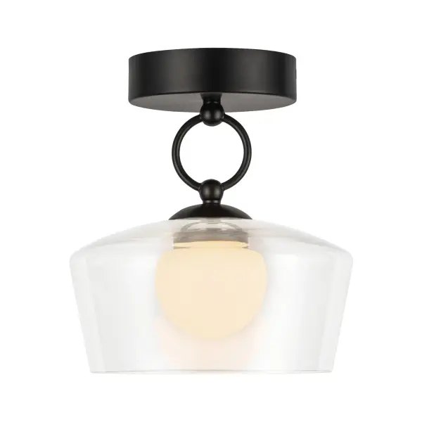 The Leota semi-flush mount combines decorative bangle-like metalwork with layered glass for sophisticated ambient lighting. Its integrated 3000K LED and opal diffuser create soft, warm illumination perfect for intimate spaces.