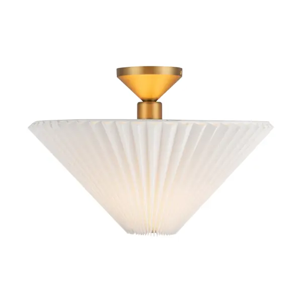 The Bridgette semi-flush mount combines striking geometric design with warm fabric diffusion. Its 16-inch triangular silhouette in matte black with white linen shade adds contemporary personality to compact spaces.
