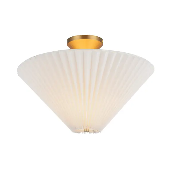 The Bridgette semi-flush mount combines striking geometric design with warm fabric diffusion. Its 16-inch triangular silhouette in matte black with white linen shade adds contemporary personality to compact spaces. - alternate view