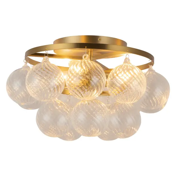The Faye Semi-Flush Mount brings playful sophistication with its distinctive clear ribbed glass bubbles and brushed gold finish. Perfect for spaces with lower ceilings, this 18-inch fixture combines artful texture with modern elegance.