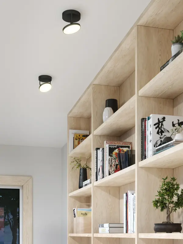 The Novel Semi-Flush Mount features adjustable disk-shaped LED lights on clean-lined structure, offering both form and function. Its minimalist geometry and integrated 3000K warm LED make it ideal for modern spaces with lower ceilings. - alternate view