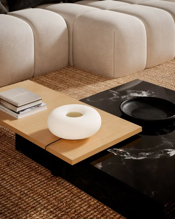 The Nimbus table lamp combines ethereal opal glass with vintage brass accents to create a celestial glow. Its integrated LED and tap-to-dim functionality offer both beauty and convenience for modern living spaces. - alternate view