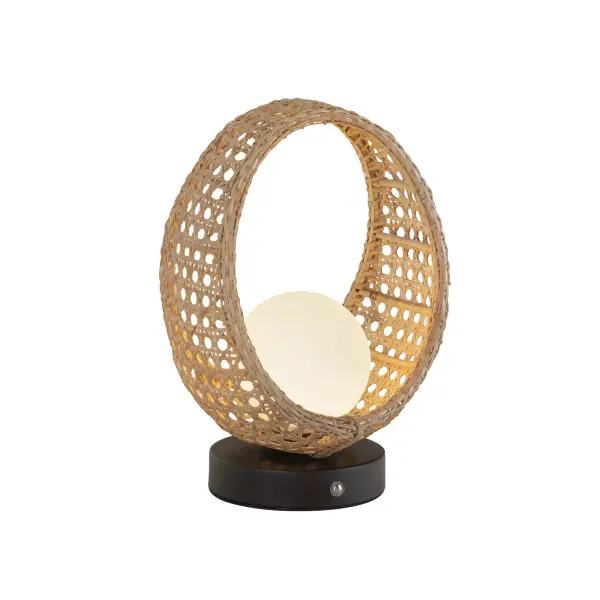 The Lanai table lamp blends natural rattan craftsmanship with contemporary design, featuring an integrated LED and rechargeable battery for versatile placement. Perfect for creating relaxed, resort-style ambiance indoors or on covered patios.