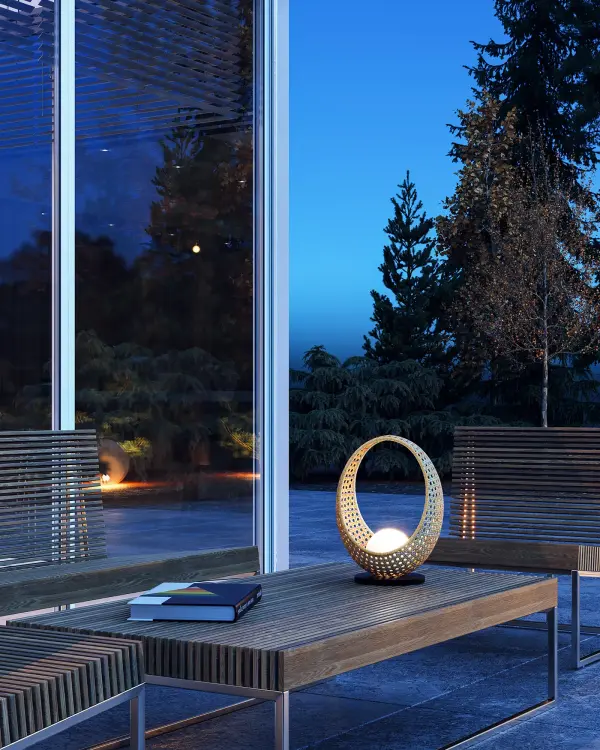 The Lanai table lamp brings Hawaiian-inspired relaxed elegance with natural rattan construction and modern opal glass globes. Features integrated LED with warm 3000K lighting and rechargeable battery for versatile indoor-outdoor placement. - alternate view