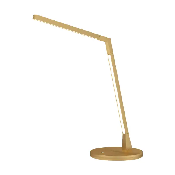 The Miter table lamp combines minimalist design with practical functionality. Its angular aluminum profile houses an integrated LED with warm 3000K lighting, while the rotational adjustment and circular dimmer provide customizable illumination for any task.