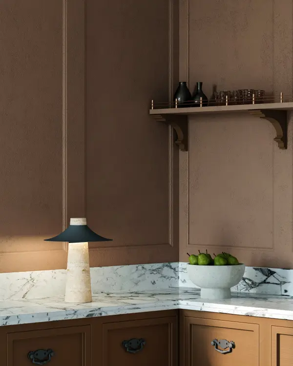 The Hagen combines sophisticated Japanese design with modern portability. Its travertine base and organic shade create warm ambient lighting perfect for any space, while rechargeable functionality offers freedom from cords. - alternate view