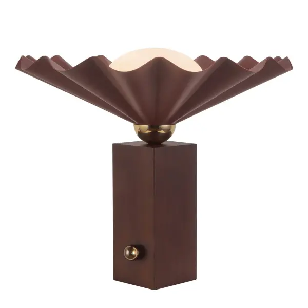 The Furrow Table Lamp is a stunning conversation piece that blends organic inspiration with refined craftsmanship. Designer Jason Koharik's clam-shell motif creates visual intrigue, while brushed gold, walnut wood, and soft opal glass deliver warmth and elegance. - alternate view