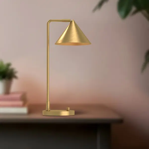 The Remy Table Lamp brings Japandi aesthetics to any space with its distinctive triangular shade and brushed gold finish. At 20 inches, it's perfectly sized for bedside tables, desks, or accent surfaces. - alternate view