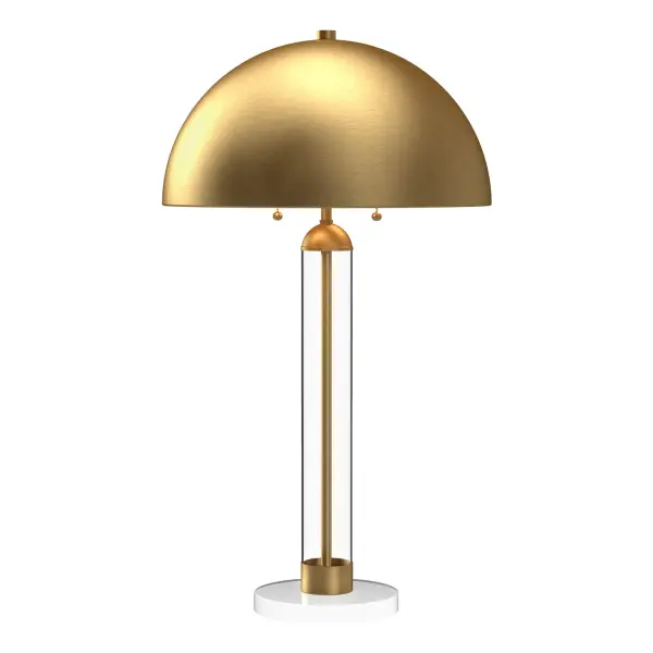 The Margaux table lamp blends art nouveau sophistication with mid-century modern design through its distinctive mushroom-dome shade and glass-enveloped metallic stem. Perfect for adding refined style to intimate spaces.