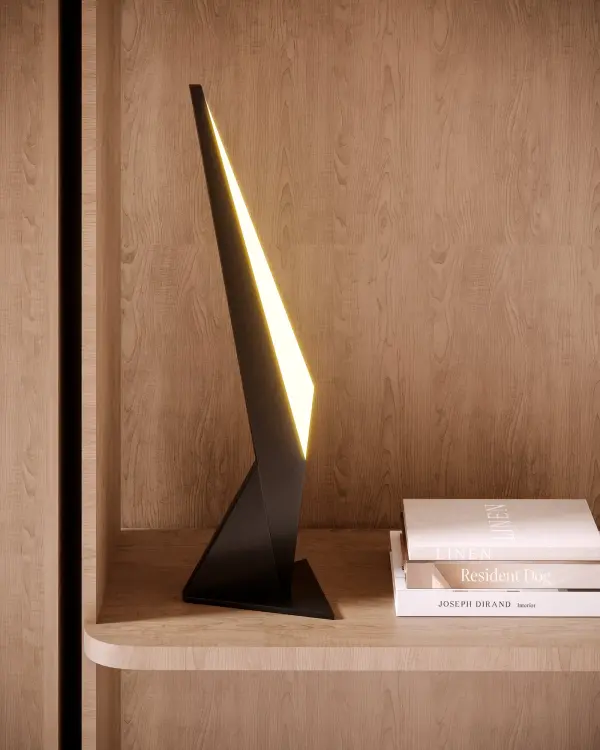 The Tachi Table Lamp combines geometric modern design with Japanese blade-inspired aesthetics. Featuring integrated LED light guide technology and frosted acrylic diffusers, it delivers warm ambient lighting in a sophisticated Urban Bronze finish. - alternate view