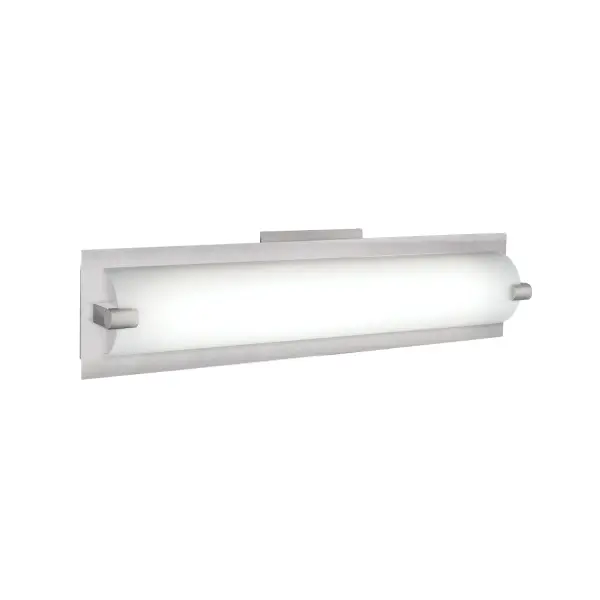 The Lighthouse 18-inch vanity light combines contemporary design with practical functionality. Featuring white opal glass cylinders and frosted side covers, it delivers warm 3000K LED lighting perfect for bathroom tasks. - alternate view