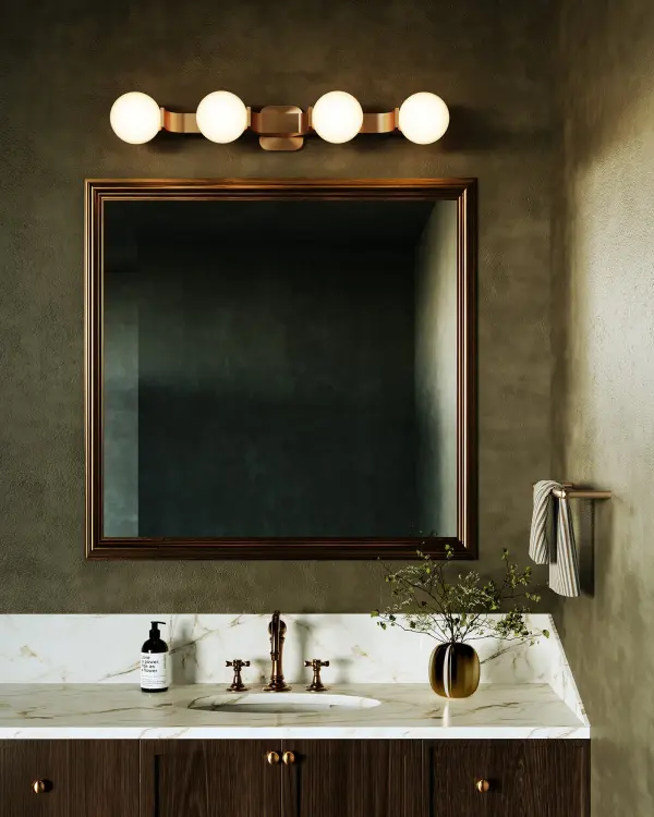 The Briar 34-inch vanity light by Mark Choi delivers timeless sophistication with clean geometric lines and warm brushed gold finish. Its opal glass diffusers provide soft, even illumination while the versatile mounting options suit various spaces. - alternate view