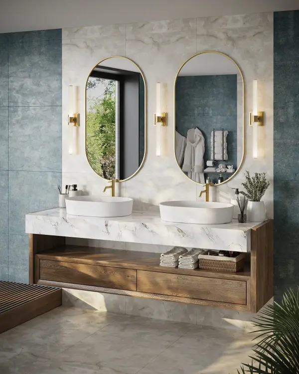 The Rona 24-inch vanity light combines contemporary design with practical functionality. Its tubular illuminated rod and detailed cylindrical mounting create architectural interest while providing warm, dimmable lighting perfect for bathroom tasks. - alternate view