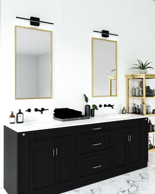 The Vega Minor delivers modern sophistication with its diminutive square linear profile that radiates soft, uniform 3000K warm white light. Perfect for bathrooms and powder rooms, this integrated LED fixture combines refined details with a reductive silhouette. - alternate view