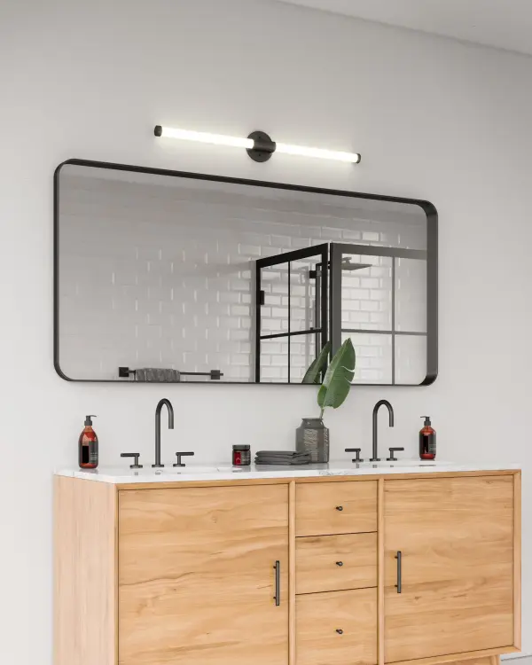 The Akari 36-inch vanity light delivers modern sophistication with its clean metallic bars and integrated LED illumination. Perfect for contemporary bathrooms and hallways, offering warm 3000K lighting with dimmable functionality. - alternate view
