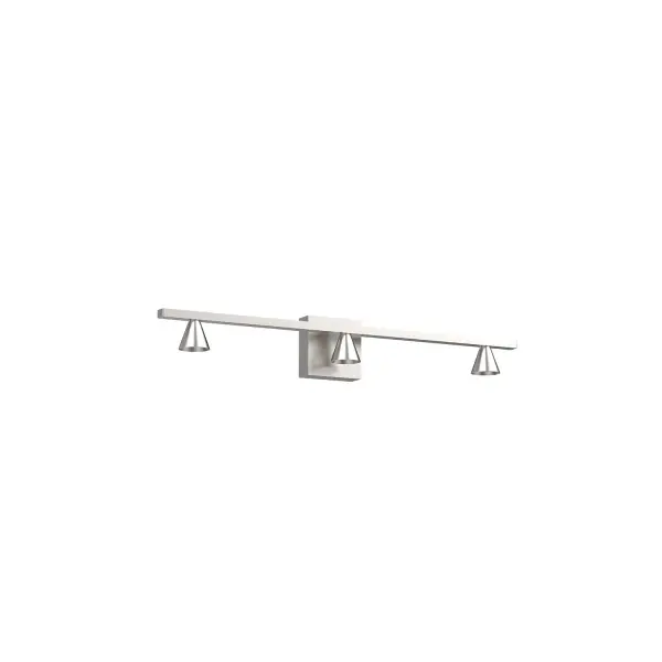 The Dune 31-inch vanity light features multiple spun aluminum cones in a linear arrangement, delivering focused downward illumination with integrated LED technology. Its minimalist geometric design and warm 3000K lighting make it ideal for contemporary bathrooms and powder rooms. - alternate view
