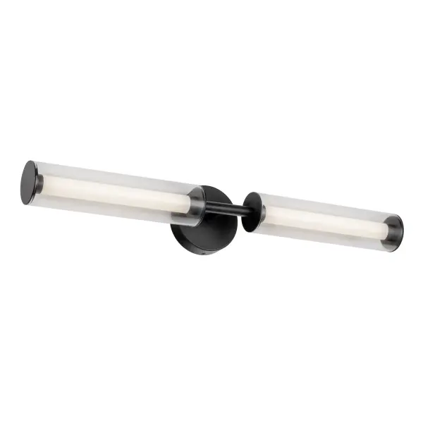 The Braga 28-inch vanity light combines modern design with practical functionality. Its distinctive dual-cylinder design features a frosted inner diffuser and clear acrylic outer shade, creating sophisticated ambient lighting. Integrated LED technology with warm 3000K color temperature provides energy-efficient illumination, while horizontal or vertical mounting options offer installation flexibility.
