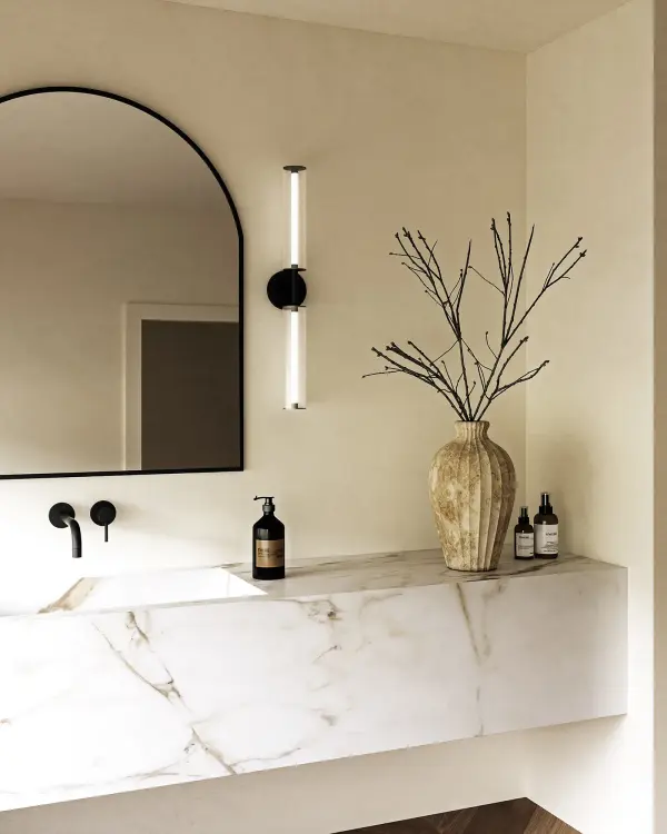 The Braga 28-inch vanity light combines modern design with practical functionality. Its distinctive dual-cylinder design features a frosted inner diffuser and clear acrylic outer shade, creating sophisticated ambient lighting. Integrated LED technology with warm 3000K color temperature provides energy-efficient illumination, while horizontal or vertical mounting options offer installation flexibility. - alternate view