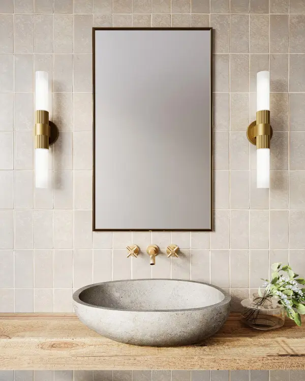 The Rue vanity light blends sophisticated Parisian details with Art Deco-inspired design. Featuring ribbed metal texture and glossy opal glass shades, this 22-inch fixture adds statement-making style to bathrooms and powder rooms. - alternate view