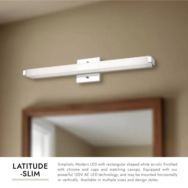 The Latitude-Slim delivers modern simplicity with its clean rectangular design, white acrylic diffuser, and polished chrome accents. Integrated 3000K LED provides warm, energy-efficient lighting perfect for bathroom vanities. - alternate view