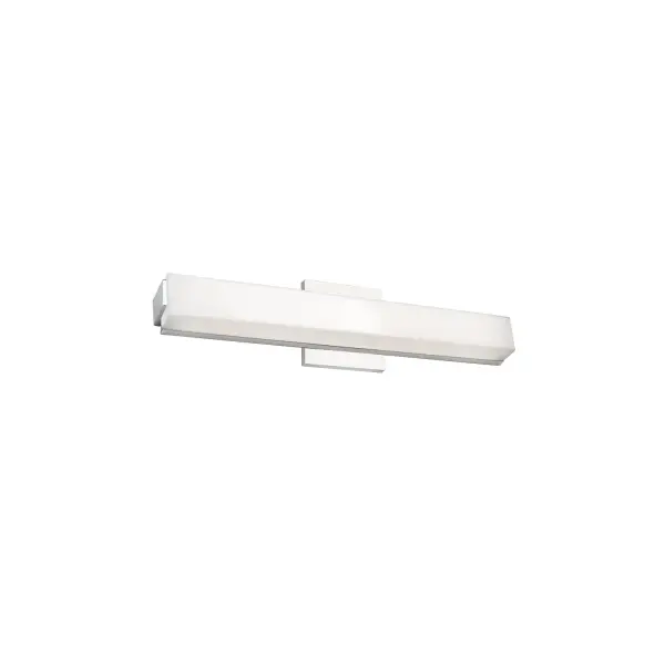 The Latitude vanity light combines modern geometric design with practical functionality. Its extruded rectangular diffuser and offset square caps create a sophisticated look, while the sliding lamp assembly allows for customized positioning during installation. - alternate view