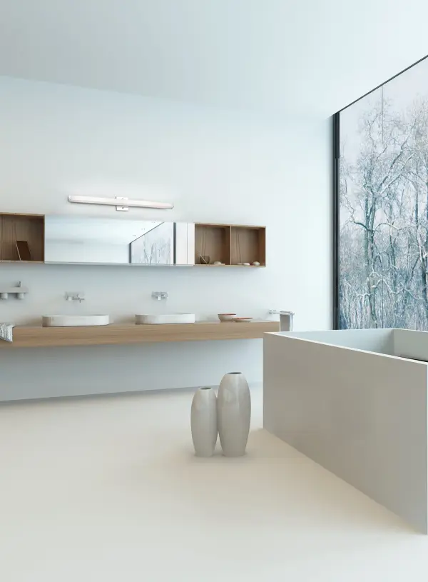 The Latitude-Slim delivers modern simplicity with its clean rectangular acrylic diffuser and polished chrome accents. Integrated 3000K LED provides warm, even illumination perfect for bathroom tasks. Versatile horizontal or vertical mounting adapts to any space. - alternate view